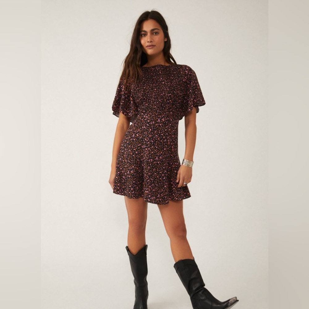 Free People Florence Mini Dress, in black/ pink floral size L